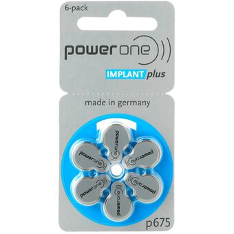 6 x Power One Implant Plus 675 MF Hearing Aid Batteries